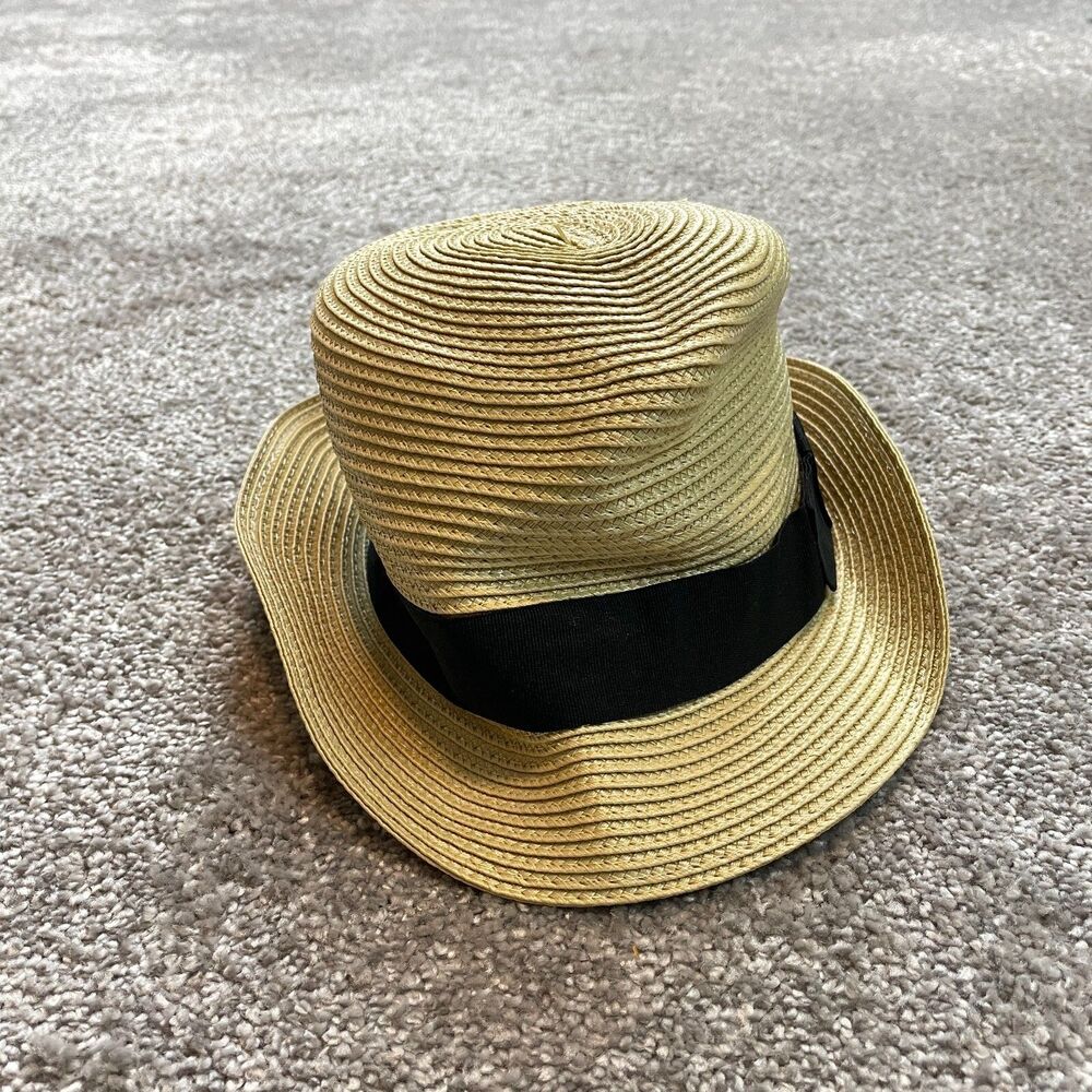 Unbranded Fedora Hat Adult One Size Yellow Straw w/ Black Band Strap Sun Cap